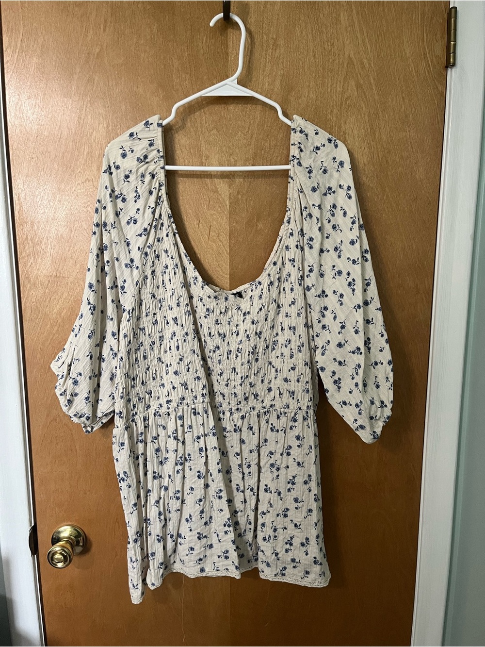 Torrid Cream Top with Blue Floral Print and Smocked Chest, Size 5
